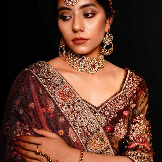 Burgundy, Brown, Gold, Red, Green Saree