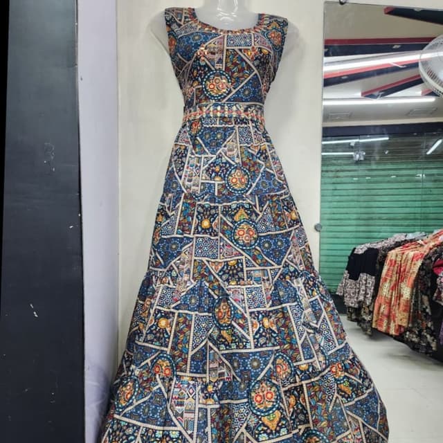 Blue, with accents of orange, yellow, red, and white Dress