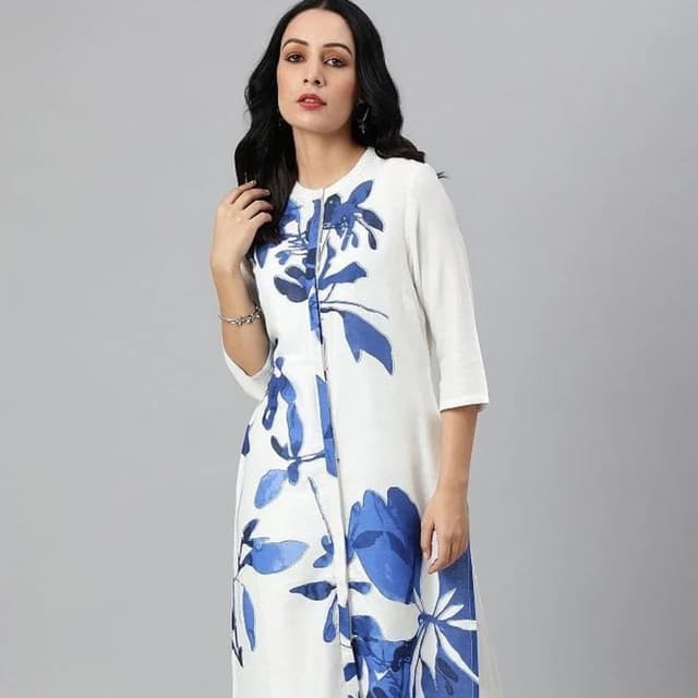 Ecru Placement kurta With Blue Floral Print