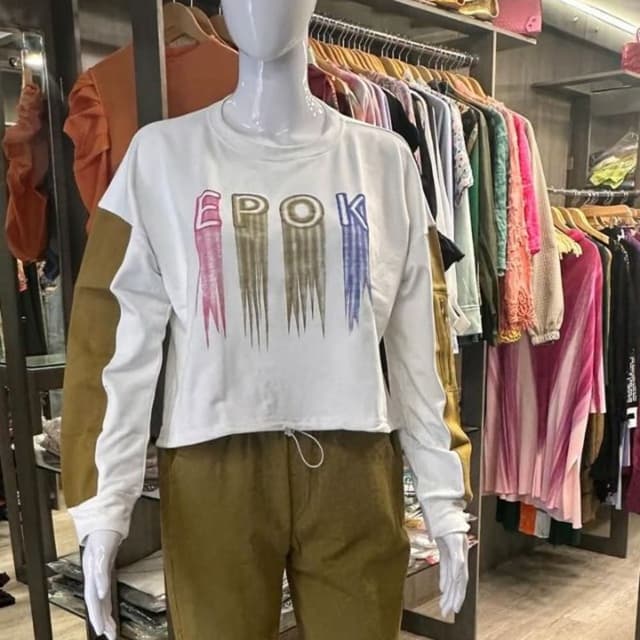 White, Olive Green, and Multicolored Text Sweatshirt