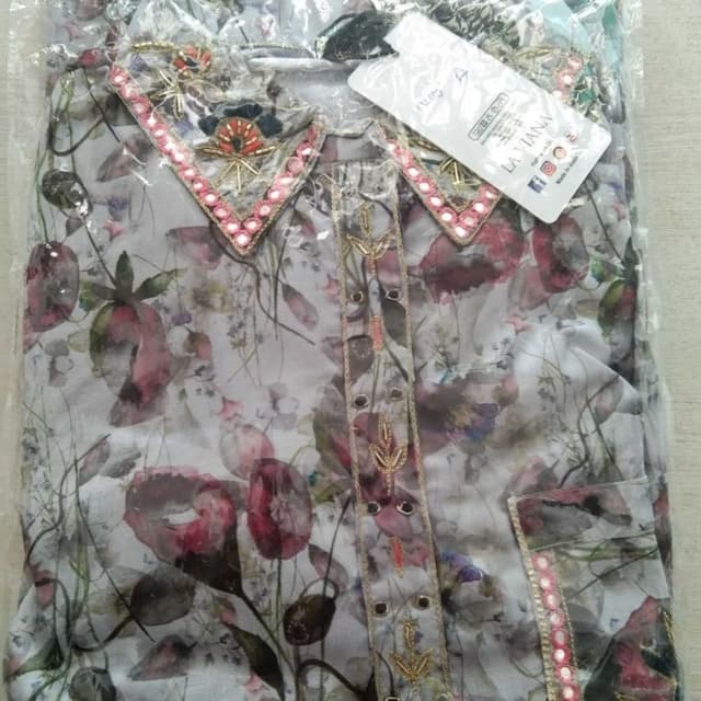 Soft Gray, Burgundy, and Green floral print with accents of gold and pink Kurta/Shirt