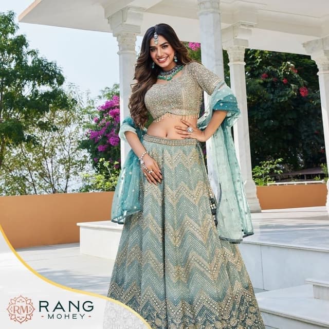 Sea Green, Beige, Gold Lehenga Choli