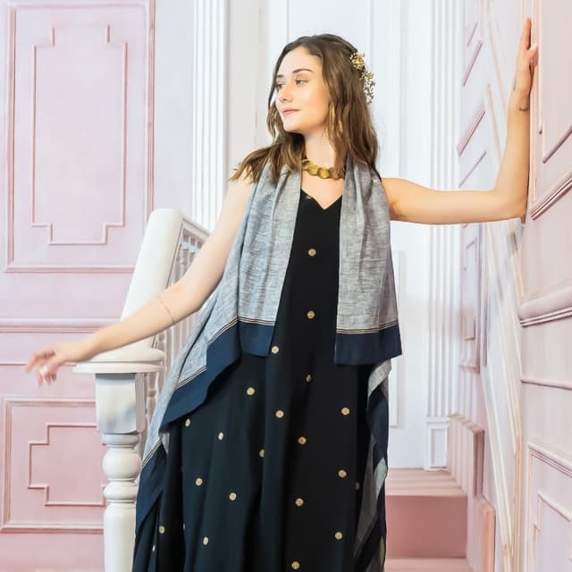 Black, Gray, Navy Blue, Gold Dress with Shawl