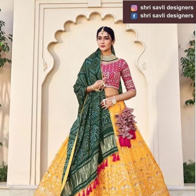 Yellow, Pink, Green Lehenga Choli
