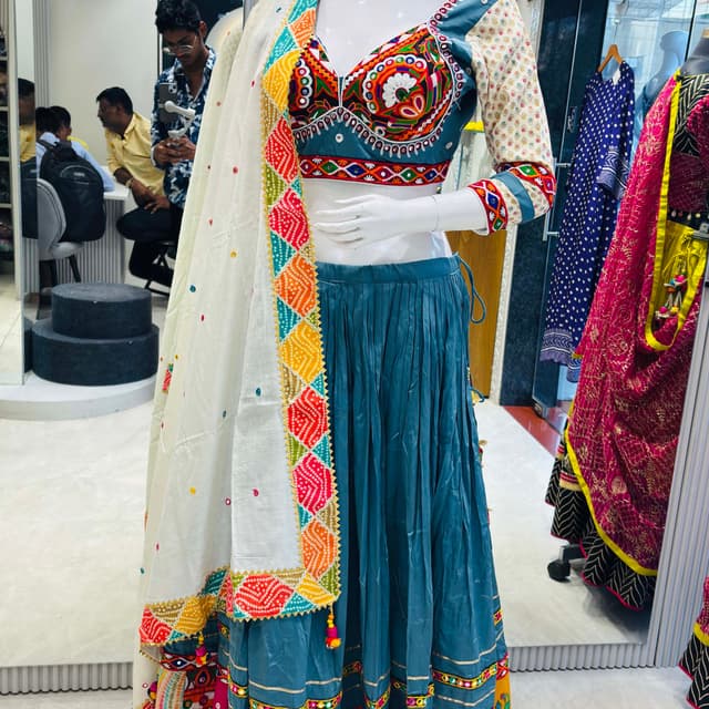 Teal, White, Multicolor Lehenga Choli