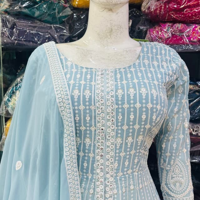 Light Blue and White Anarkali Suit