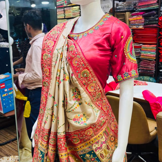 Beige, Red, Green, Pink, Yellow, Blue, Multicolor Saree