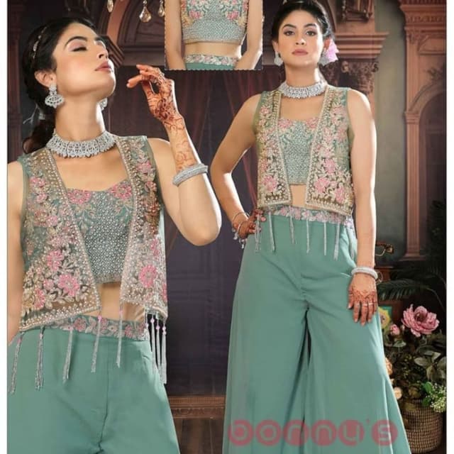 Sea Green, Pink, Beige Jacket, Crop Top, Wide-Leg Pants