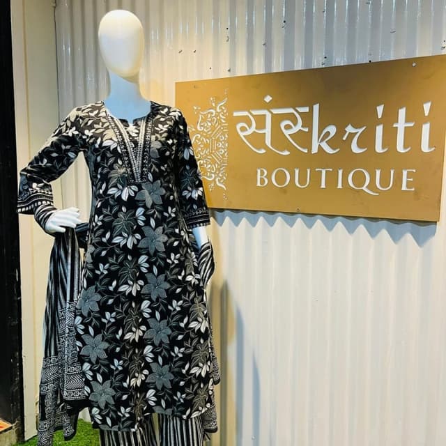 Black, White, and Gray Kurta with Pants and Dupatta