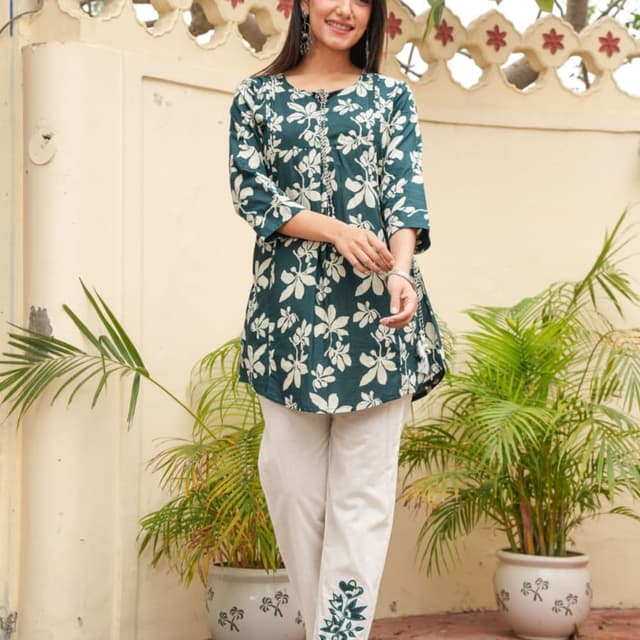 Teal, White, and Off-white Kurti and Pants Set