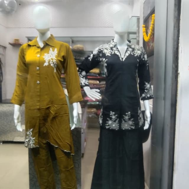 Mustard Yellow, Black, White Kurta Set, Skirt