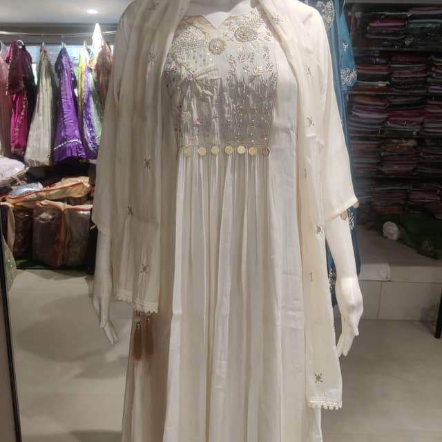 Ivory/Cream with Gold Anarkali Dress with Dupatta