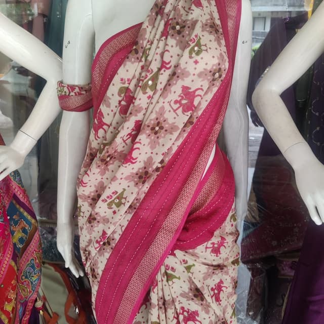 Pink, Beige, White, Green Saree