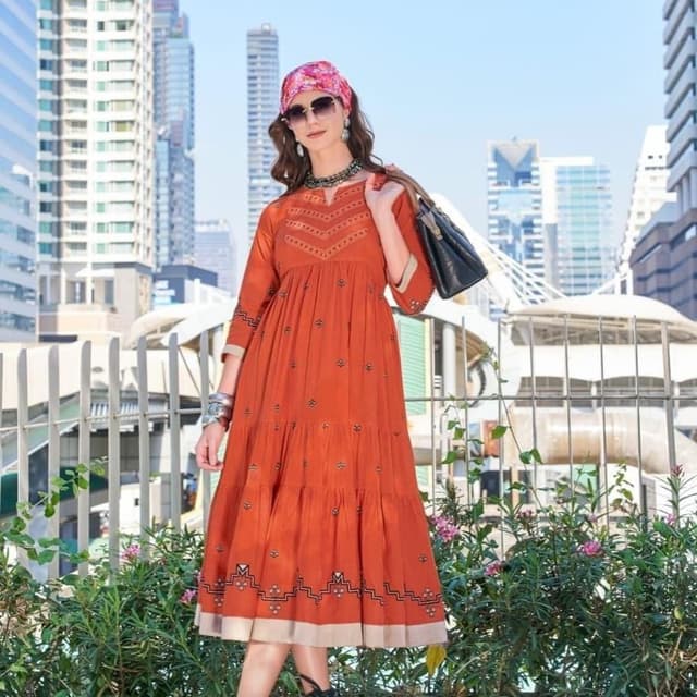 Terracotta orange with beige and black accents Dress