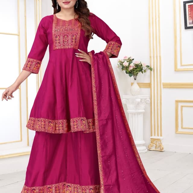 Magenta, Gold, Red Sharara Suit