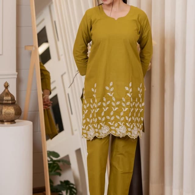 Olive Green and White Kurta and Pants Set