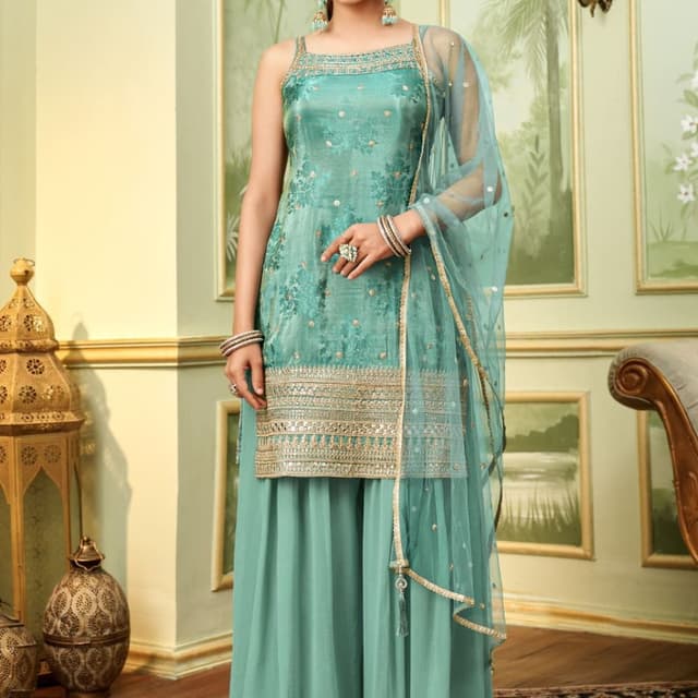 Teal, Gold Sharara Suit