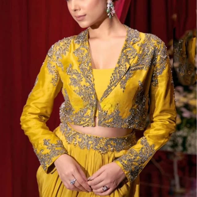 Yellow, Silver Blazer, Crop Top, Skirt