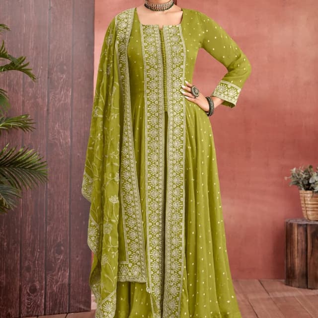 Green and white Anarkali Suit