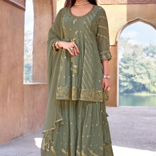 Olive Green and Gold Sharara Suit