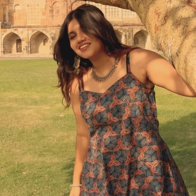 Blue, Red, and Beige Dress