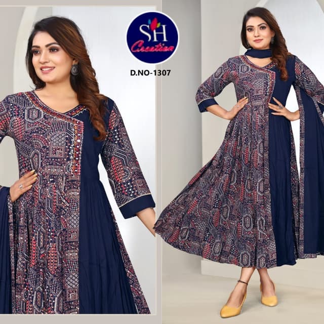 Navy blue, red, beige Anarkali Dress