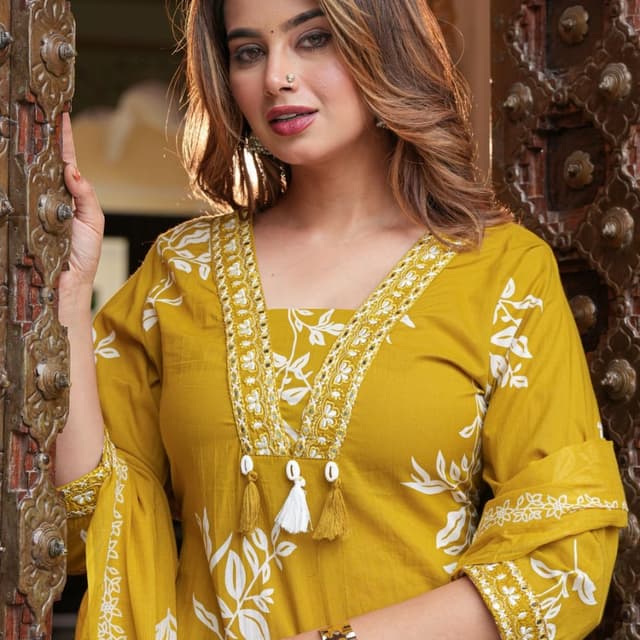 Mustard yellow and white Kurti