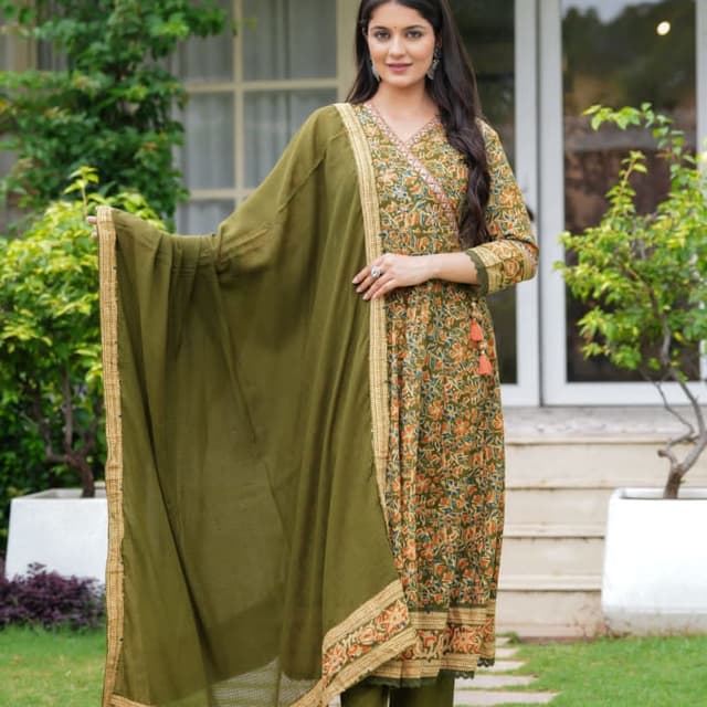 Olive green, orange, teal, and gold Salwar Suit
