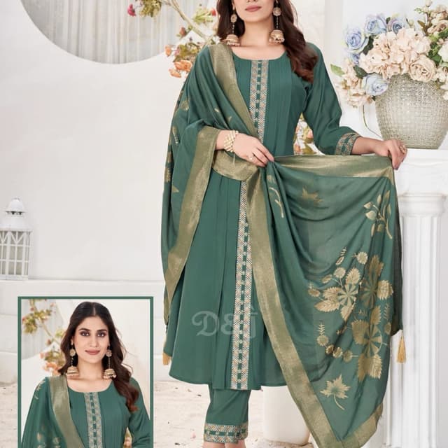 Teal green and gold Salwar Kameez Suit Set