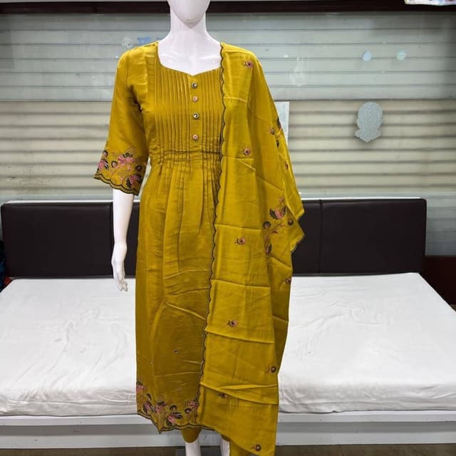 Mustard Yellow with hints of Pink and Green Salwar Kameez with Dupatta