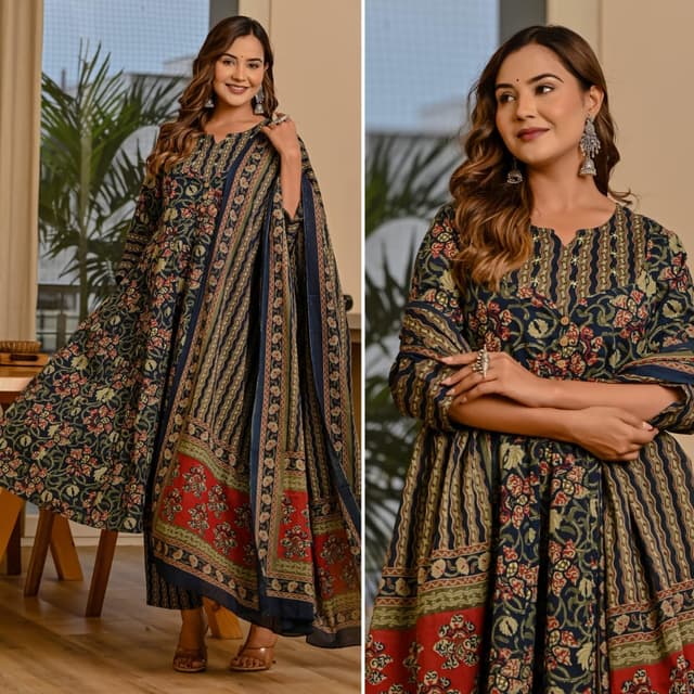 Navy blue, red, green, and cream Anarkali Suit Set