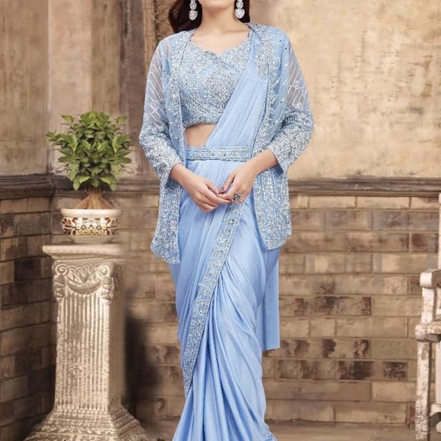 Light Blue and Silver Saree Set