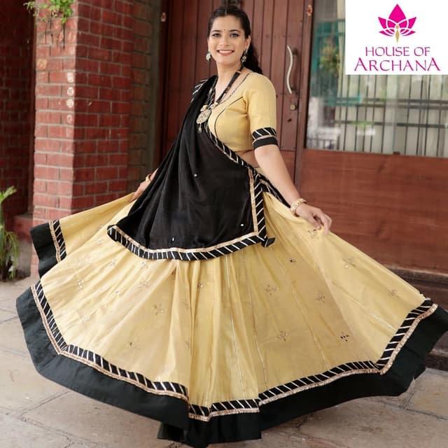 Beige, Black, Gold Lehenga Choli