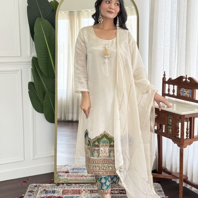 Ivory, Teal, Green, Gold Salwar Kameez Suit