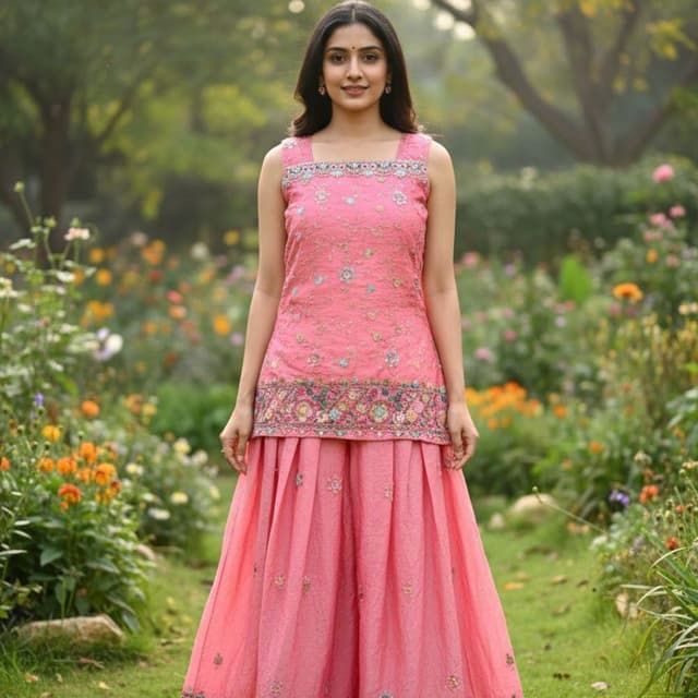 Pink with multicolor accents Kurta and Skirt Set