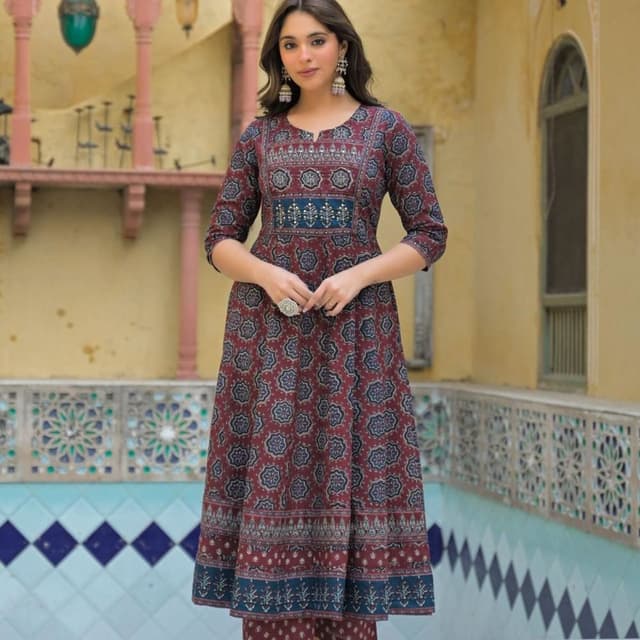 Maroon, Navy Blue, and Beige Kurti Set