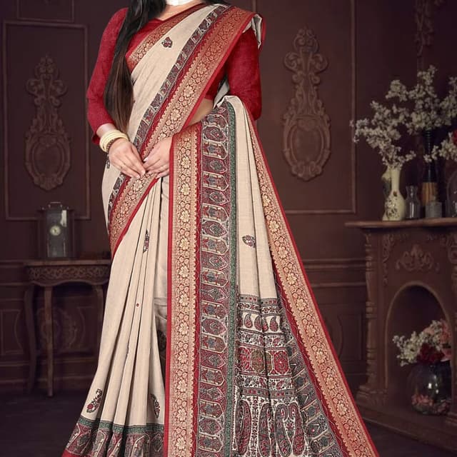 Beige, Red, Gold, Green Saree