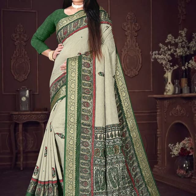 Beige, Green, Red, Gold Saree