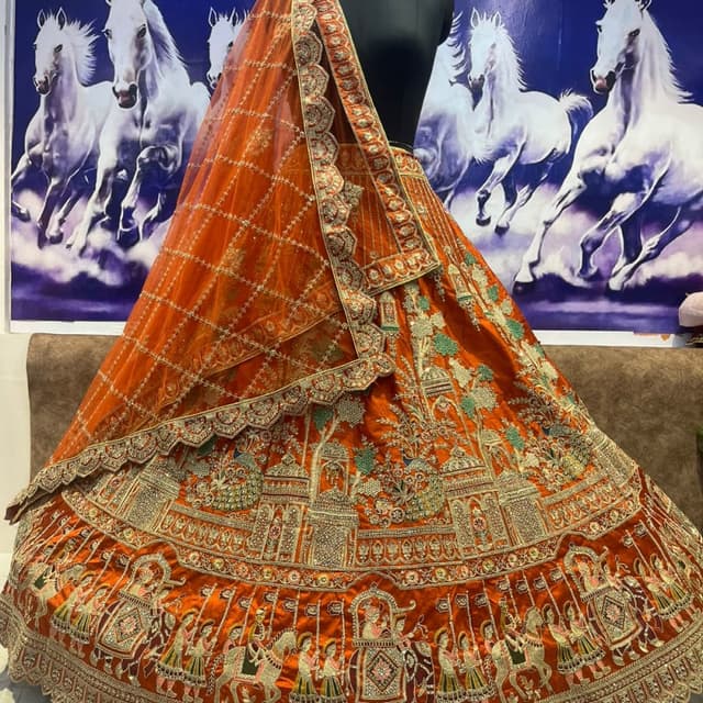 Orange, Gold, Green Lehenga Choli