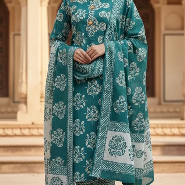 Teal, White Salwar Kameez with Dupatta