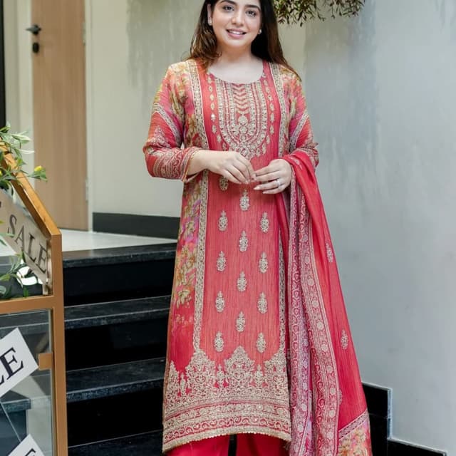 Red, Gold, and Floral accents Salwar Kameez with Dupatta
