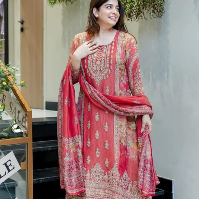 Red, Gold, and Floral Prints Salwar Kameez with Dupatta