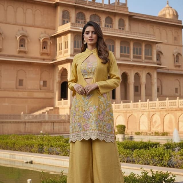 Mustard Yellow, Pastel Pink, Light Green Kurta Set
