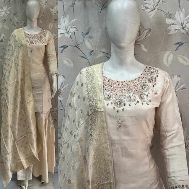 Ivory, Gold, and touches of Pink and Green Sharara Suit
