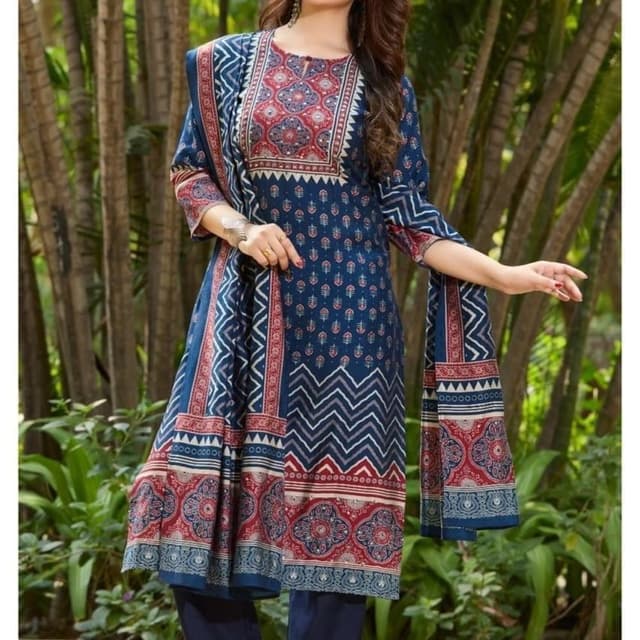 Navy blue, red, and white Kurta with dupatta