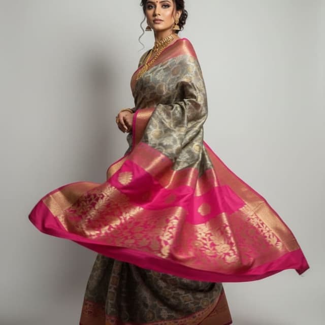 Gray, Pink, Gold Saree