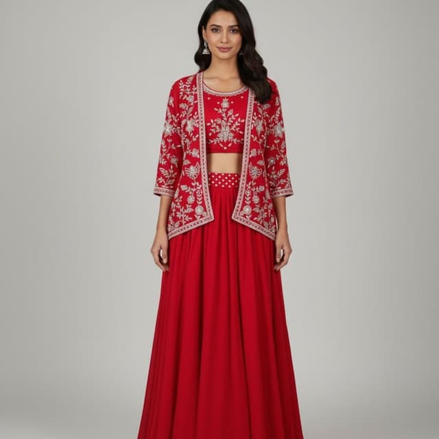 Red, Silver Lehenga Choli with Jacket