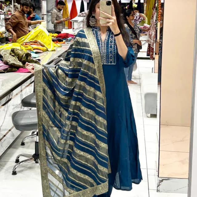 Teal, Gold, Gray Salwar Kameez with Dupatta