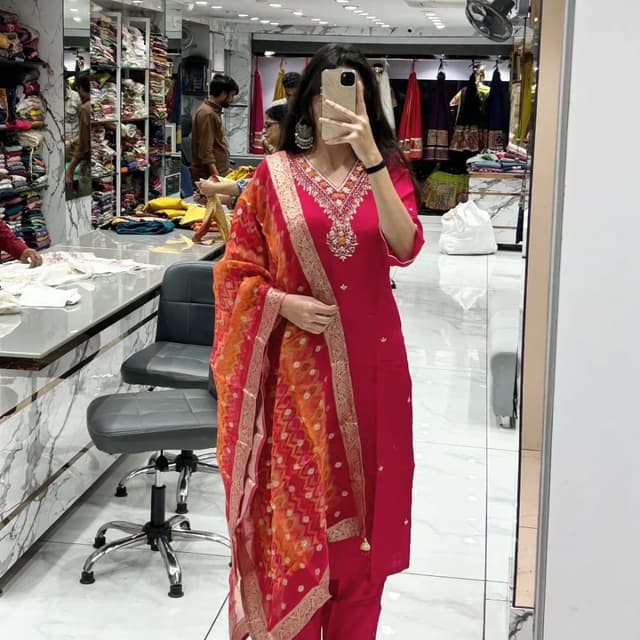 Red, Orange, and Gold Salwar Kameez with Dupatta