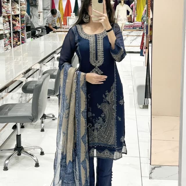 Navy blue, beige, and gray Salwar Kameez with Dupatta
